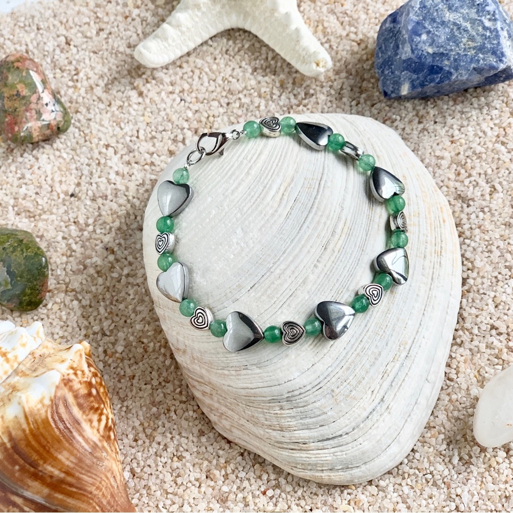 Genuine Green Aventurine & Hematite Heart Bracelet - Guard Your Heart